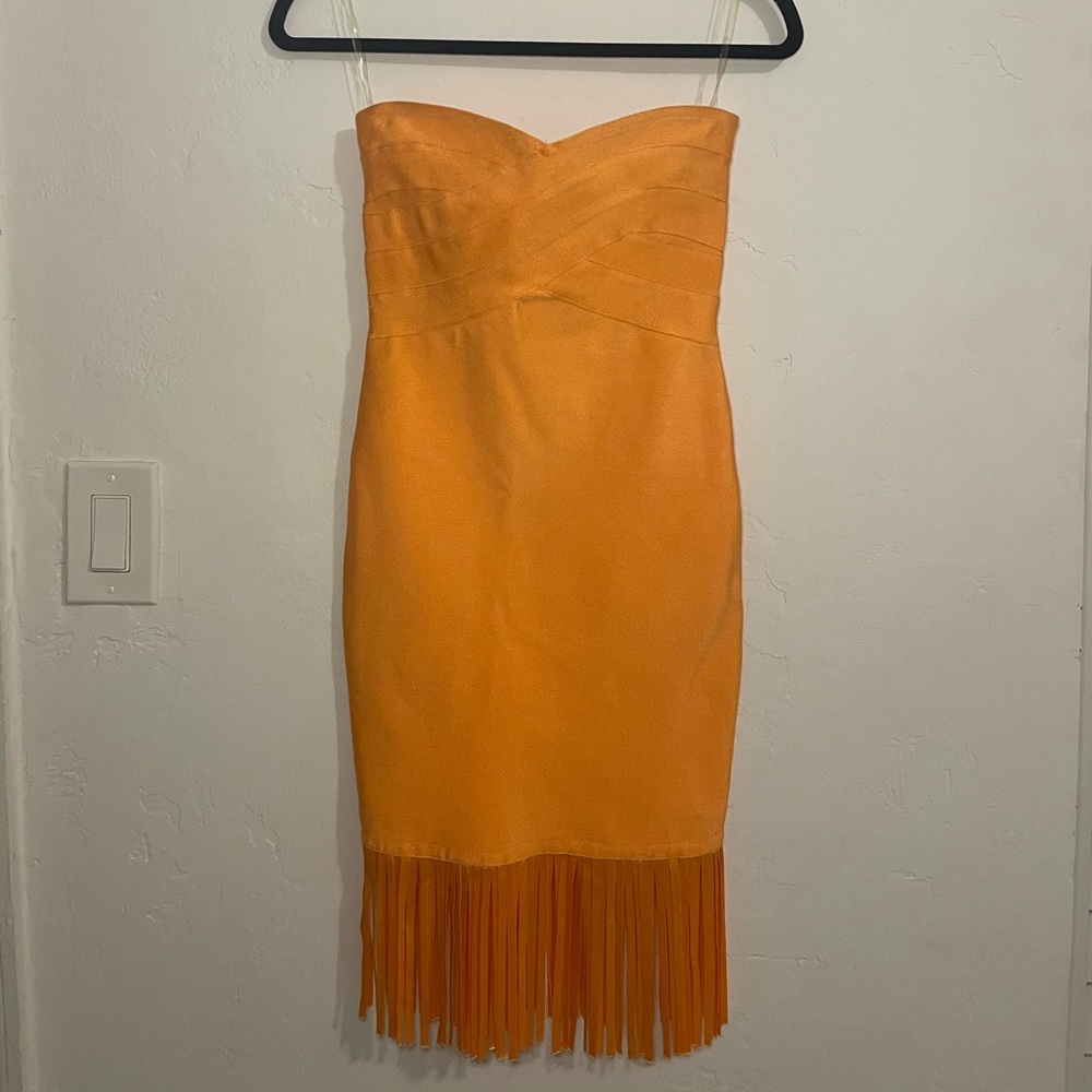 Strapless orange frayed dress